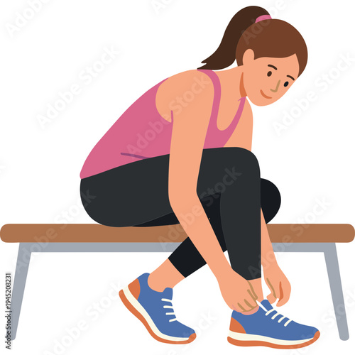 A woman is tying her shoelaces while sitting on a bench.