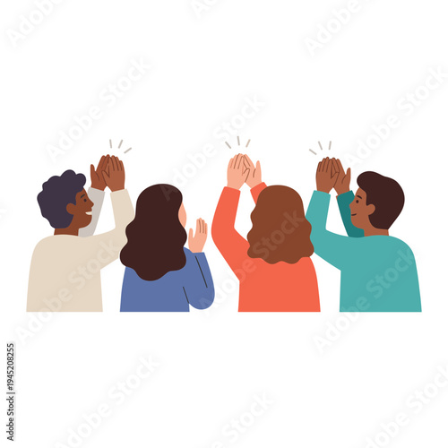 Four diverse people are clapping together in celebration indoors