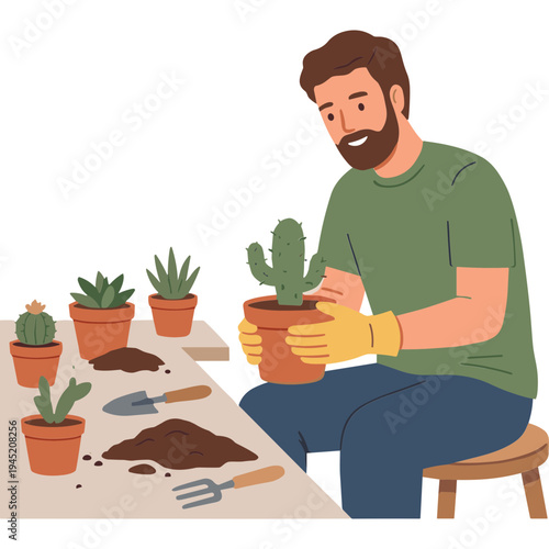 A man planting a cactus in a pot on a table with gardening tools and other plants.