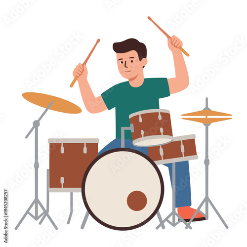 A young man enthusiastically plays drums in a lively music session indoors.