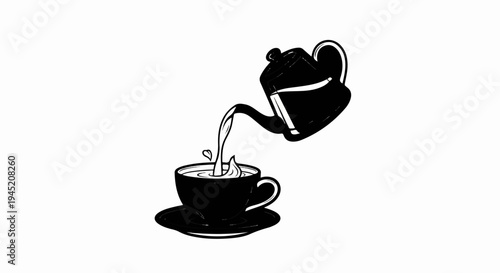 Black teapot pours liquid into a cup on saucer