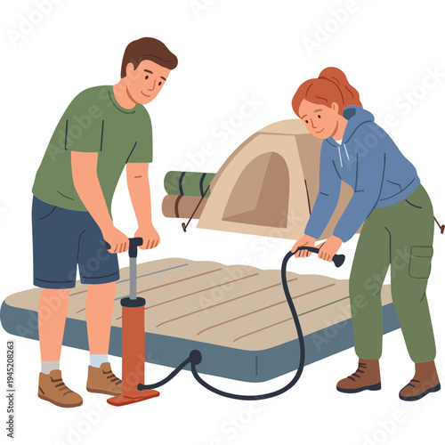 Couple inflating raft on dock with air pump near tent