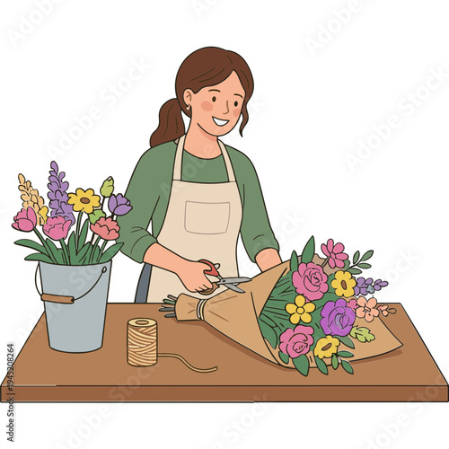 Woman arranges colorful flowers on a table with scissors and thread.