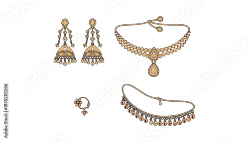 A gold jewelry set with intricate designs and precious stones.