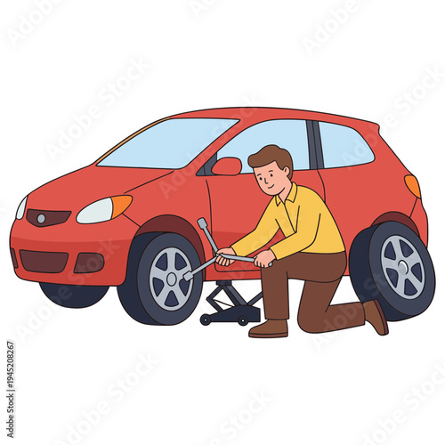 Mechanic changing tire on red car with tools on driveway outdoors