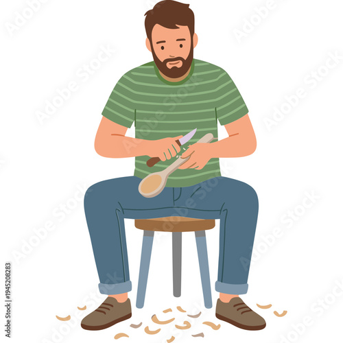 Man sitting on stool whittling wooden spoon with knife indoors