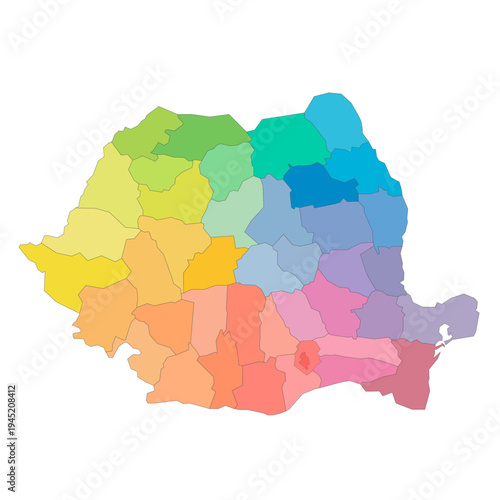 Romania political map of administrative divisions - counties and autonomous municipality of Bucharest. Rainbow spectrum colorful blank vector map.