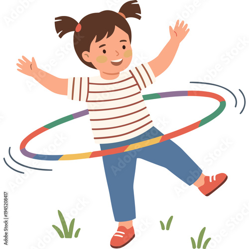 A young girl plays energetically with colorful hula hoop outdoors