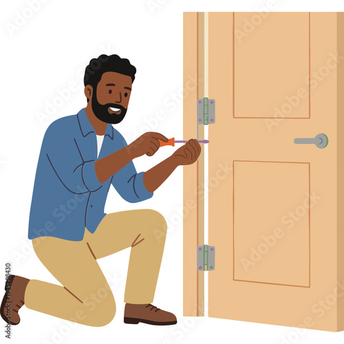 Man installing lock on wooden door with screwdriver in hand indoors