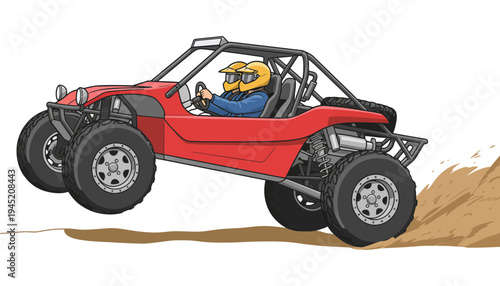 A red dune buggy vector illustration with a driver in action