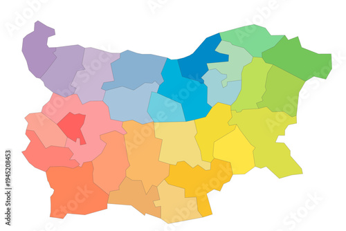Bulgaria political map of administrative divisions - provinces and regions. Rainbow spectrum colorful blank vector map.