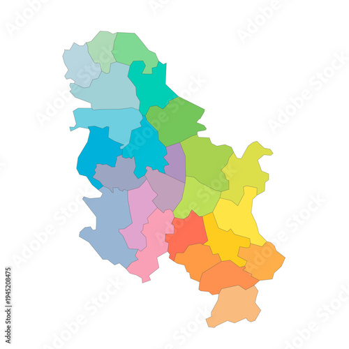 Serbia political map of administrative divisions - okrugs and autonomous city of Belgrade. Rainbow spectrum colorful blank vector map.