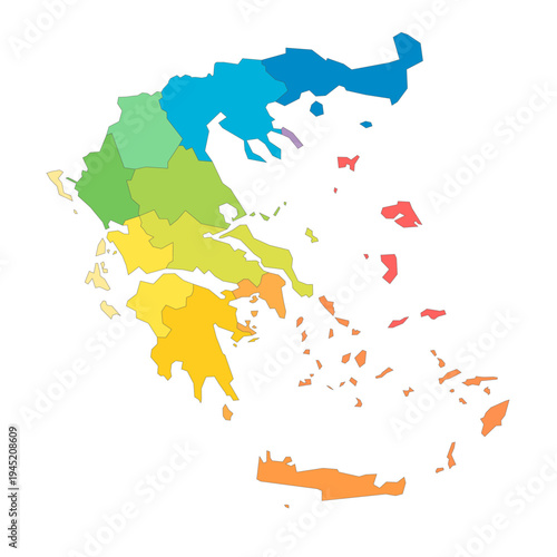 Greece political map of administrative divisions - decentralized administrations and autonomous monastic state of Mount Athos. Rainbow spectrum colorful blank vector map.