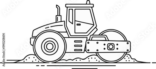 Black and white outline illustration of a road roller compacting soil