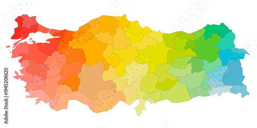 Turkey political map of administrative divisions - provinces. Rainbow spectrum colorful blank vector map.