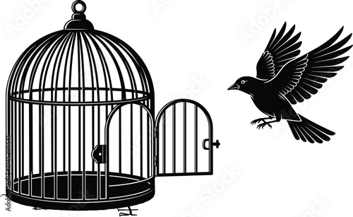 Bird Escaping from Open Cage Silhouette Illustration Symbolizing Freedom, Liberation, Independence, Hope, and Breaking Free Concept in Minimal Black Design