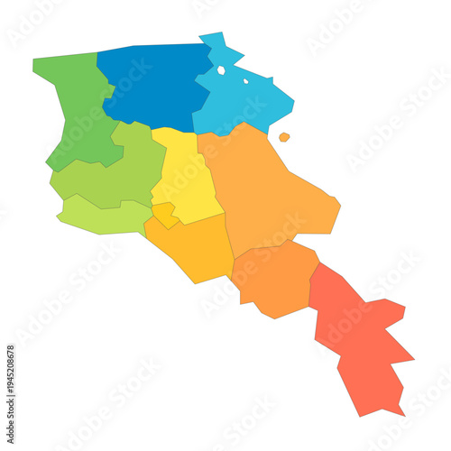 Armenia political map of administrative divisions - provinces and autonomous city of Yerevan. Rainbow spectrum colorful blank vector map.