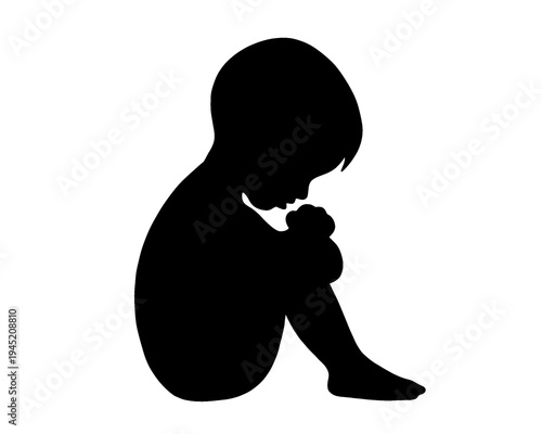 silhouette of a little boy sitting while crying, icon isolated on a white background
