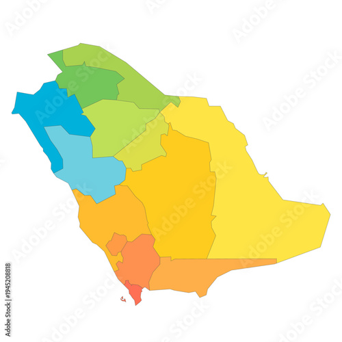 Saudi Arabia political map of administrative divisions - provinces or regions. Rainbow spectrum colorful blank vector map.
