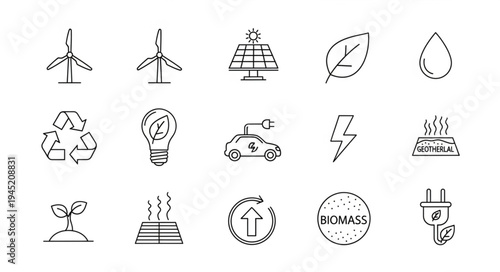 Collection of eco-friendly energy and sustainability icons in a hand-drawn style.