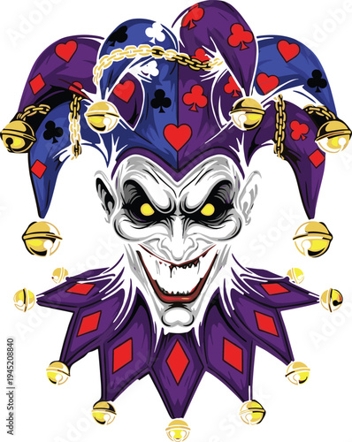 Evil Joker Jester Head with Bells and Playing Card Suit Symbols Dark Carnival Character Illustration for Casino, Halloween, and Gaming Design
