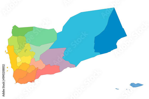 Yemen political map of administrative divisions - governorates and municipality of Sanaa. Rainbow spectrum colorful blank vector map.