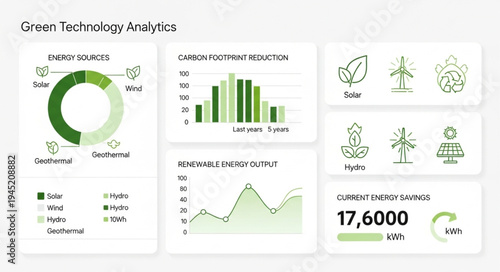 Green Technology Analytics Dashboard with Data Visualization and Icons.