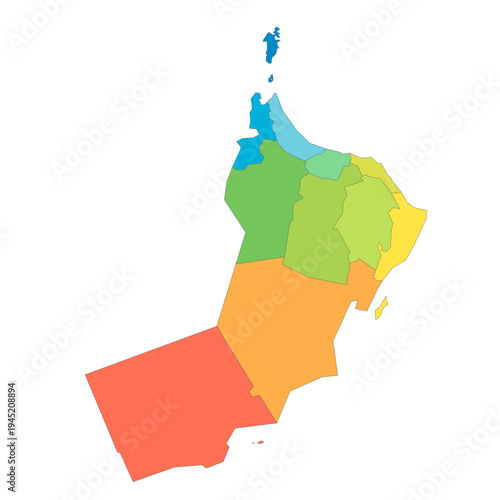 Oman political map of administrative divisions - governorates. Rainbow spectrum colorful blank vector map.