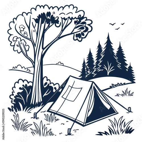 Camping tent in a scenic landscape with trees and birds with outdoor living