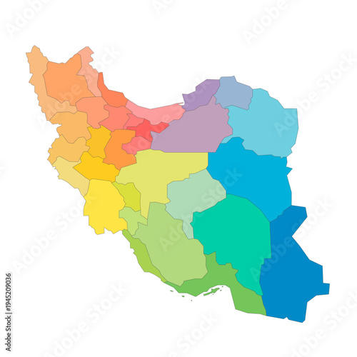 Iran political map of administrative divisions - provinces. Rainbow spectrum colorful blank vector map.