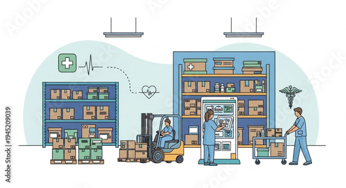 Warehouse Operations with Workers and Equipment Illustration.