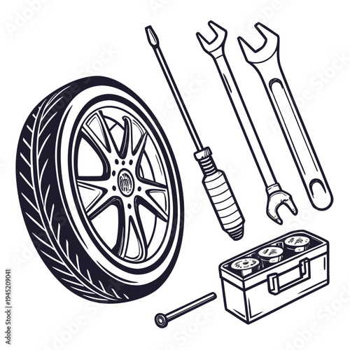 Car tire and repair tools - flat tire change kit with spare tire