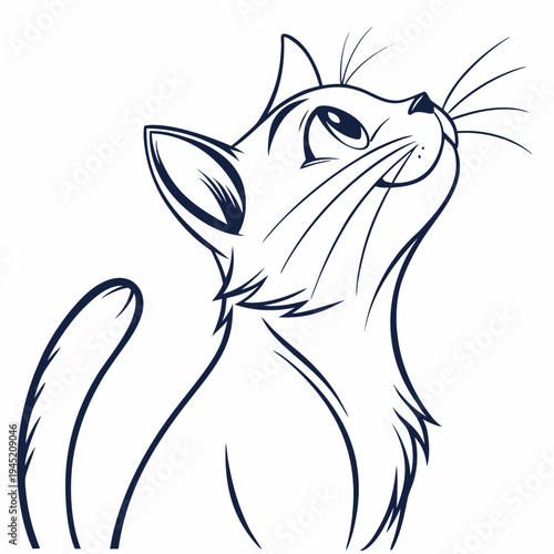 Stylized line drawing of a curious cat looking up with looking up