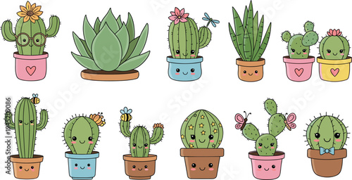 Cute Kawaii Cactus and Succulent Plants Collection in Smiling Flower Pots Cartoon Style for Home Decor, Gardening, Stickers, and Kids Design