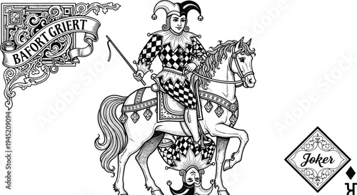Vintage Joker Playing Card Illustration with Jester Riding Horse Ornate Banner and Decorative Frame in Classic Engraving Style for Casino Design