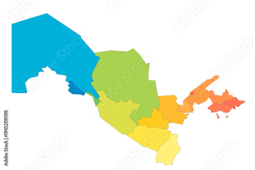 Uzbekistan political map of administrative divisions - regions, autonomous republic of Karakalpakstan and independent city of Tashkent. Rainbow spectrum colorful blank vector map.