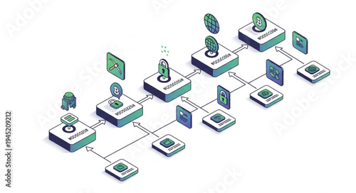 Isometric Blockchain Network Visualization - Interconnected Nodes and Data Flow.