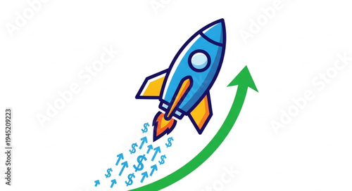 Rocket Launching Upward with Money Stream, Symbolizing Financial Growth and Success.