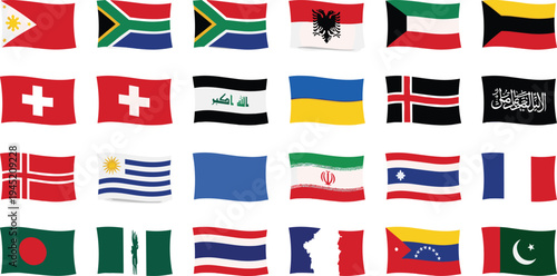 International Waving Country Flags Collection Featuring Switzerland, Ukraine, Norway, Iraq, Iran, France, Nigeria, Bangladesh, Pakistan and Other World Nations