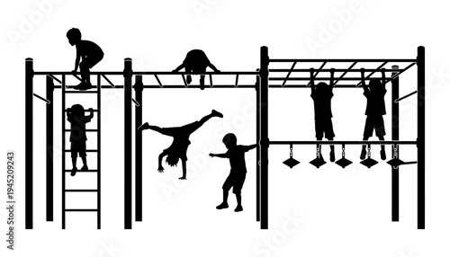 Children playing on a playground with monkey bars and silhouettes