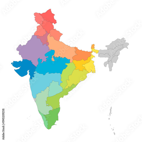 India political map of administrative divisions - states and union teritorries. Rainbow spectrum colorful blank vector map.