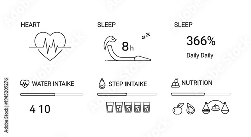Health and Wellness Dashboard Icons - Heart, Sleep, Water, Steps, Nutrition.