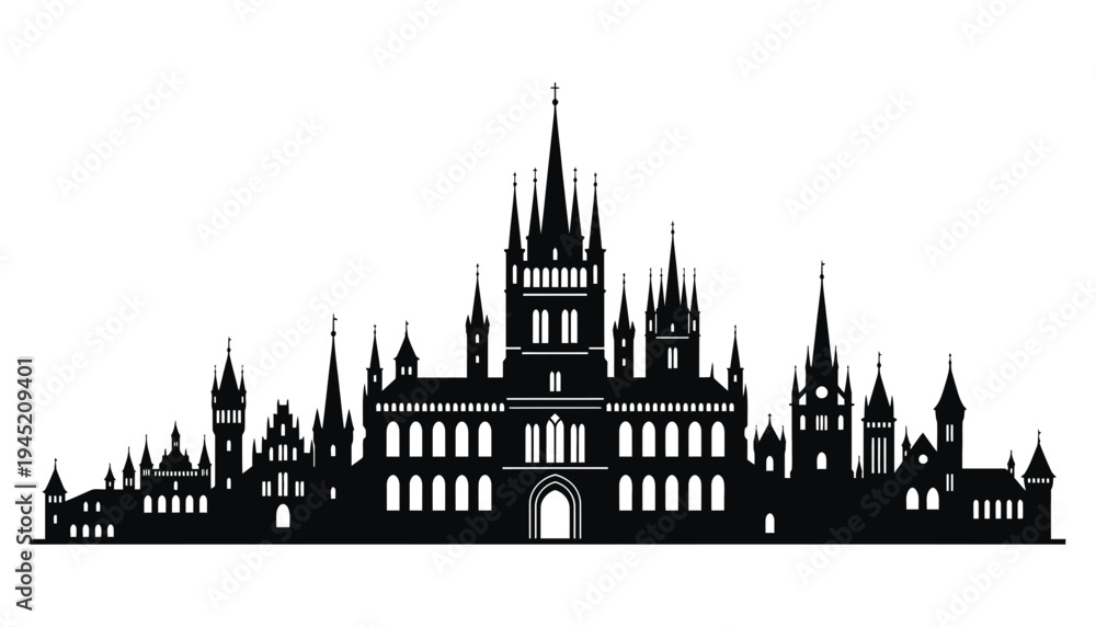 Fototapeta premium Castle silhouette illustration with spires and towers on a white background