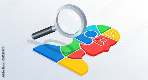 Magnifying glass examines colorful puzzle pieces with human icons symbolizing analysis and problem solving in business and technology