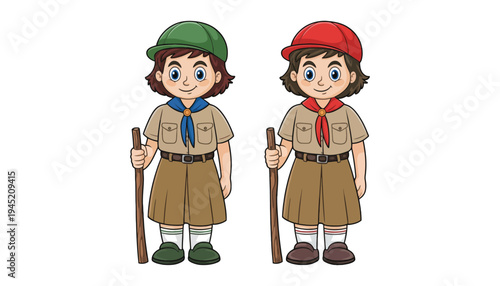 Scout boy illustration wearing uniform and holding walking stick vector