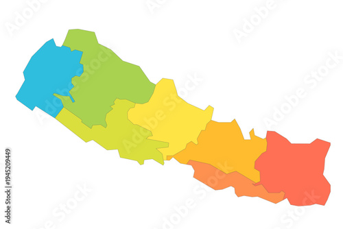 Nepal political map of administrative divisions - provinces. Rainbow spectrum colorful blank vector map.