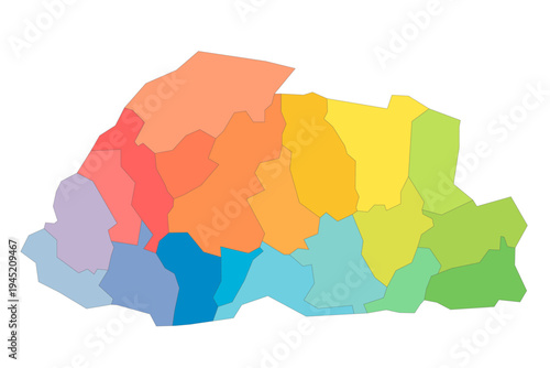 Bhutan political map of administrative divisions - districts. Rainbow spectrum colorful blank vector map.