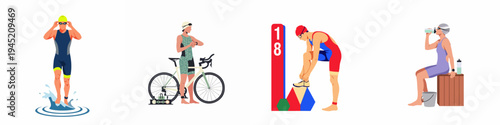 Flat Vector Illustrations of Triathlon Athletes in Various Stages of the Race: Swimming, Cycling Preparation, Tying Shoes, and Hydrating