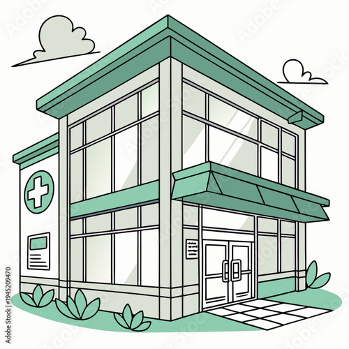 Modern pharmacy building with green accents with plus sign