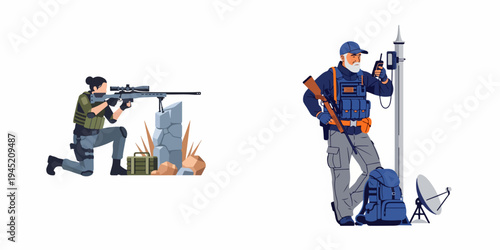 Flat vector illustration of military sniper woman aiming rifle and tactical scout man using radio communication equipment on white background.